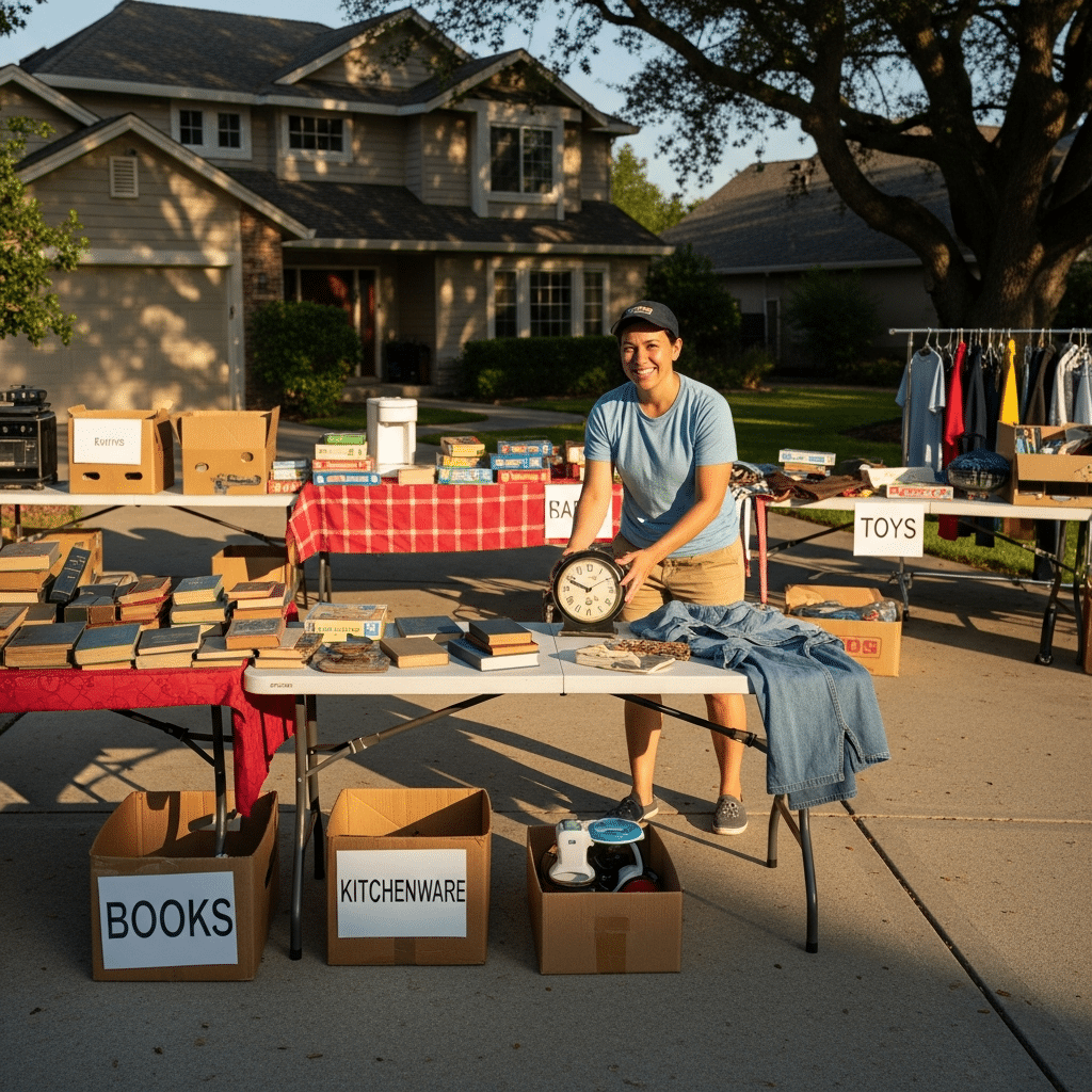 Person organizing garage sale tables