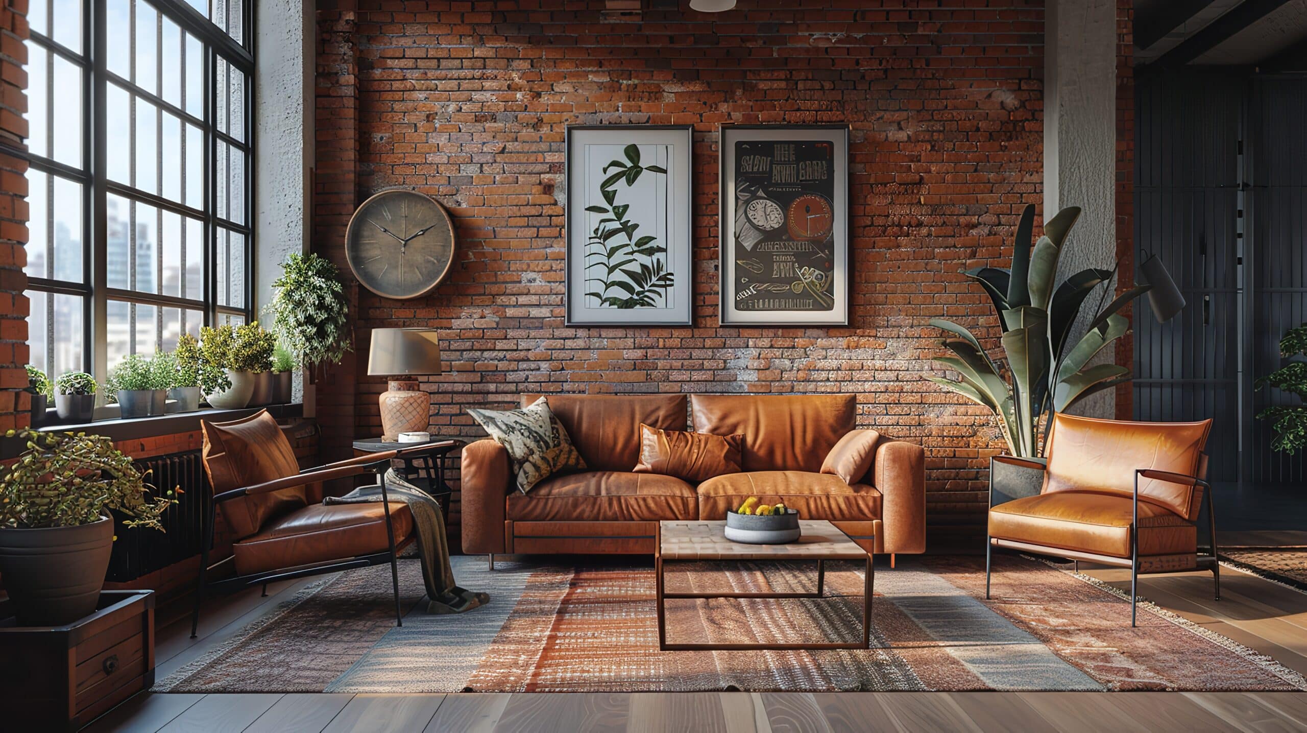 Industrial-style living room featuring a reclaimed brick accent wall, leather furniture, large factory-style windows, and indoor plants that blend salvaged materials with modern design.