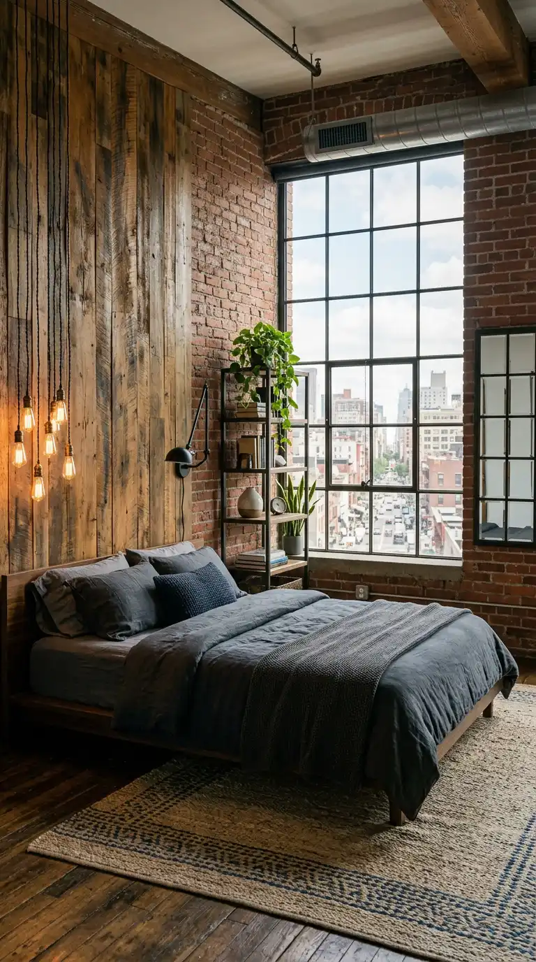Industrial-style bedroom featuring a reclaimed wood accent wall, exposed brick, large steel-framed windows, Edison bulb lighting, and modern furnishings that blend salvaged materials with contemporary design.