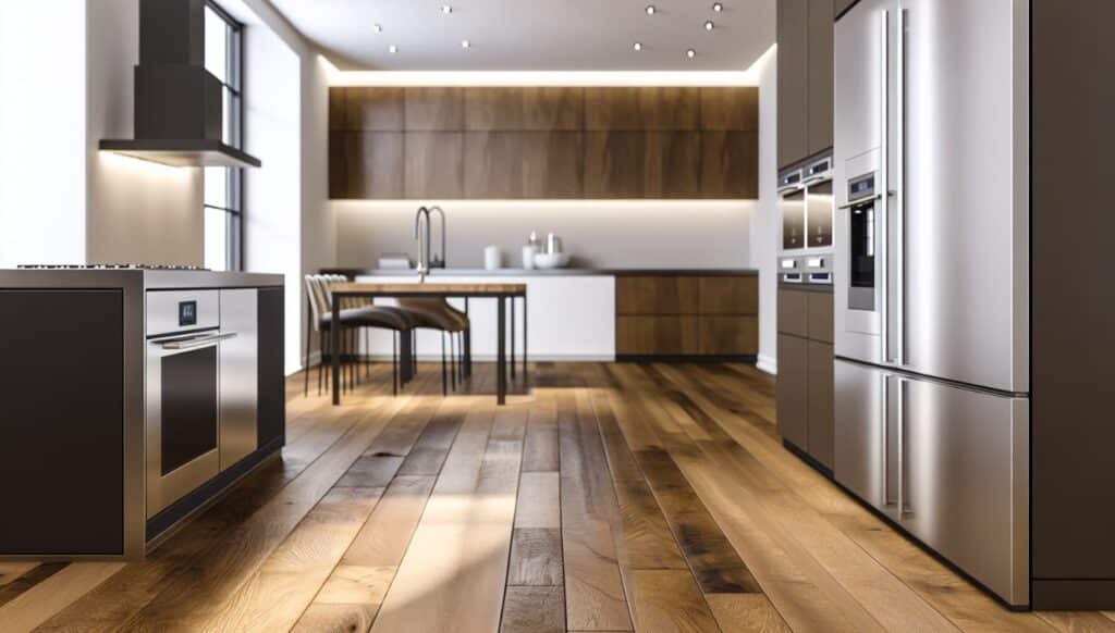 Modern kitchen featuring salvaged hardwood flooring with rich natural grain patterns, contemporary cabinetry, stainless steel appliances, and minimalist design elements that blend reclaimed materials with modern style.