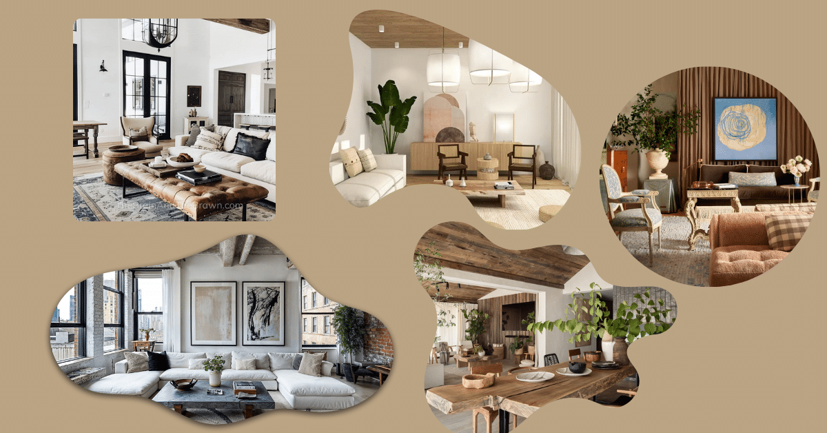 Collage of interior design styles featuring reclaimed wood beams, natural materials, exposed brick, vintage furnishings, and modern decor, illustrating how reclaimed materials complement farmhouse, industrial, Japandi, biophilic, and quiet luxury design trends.