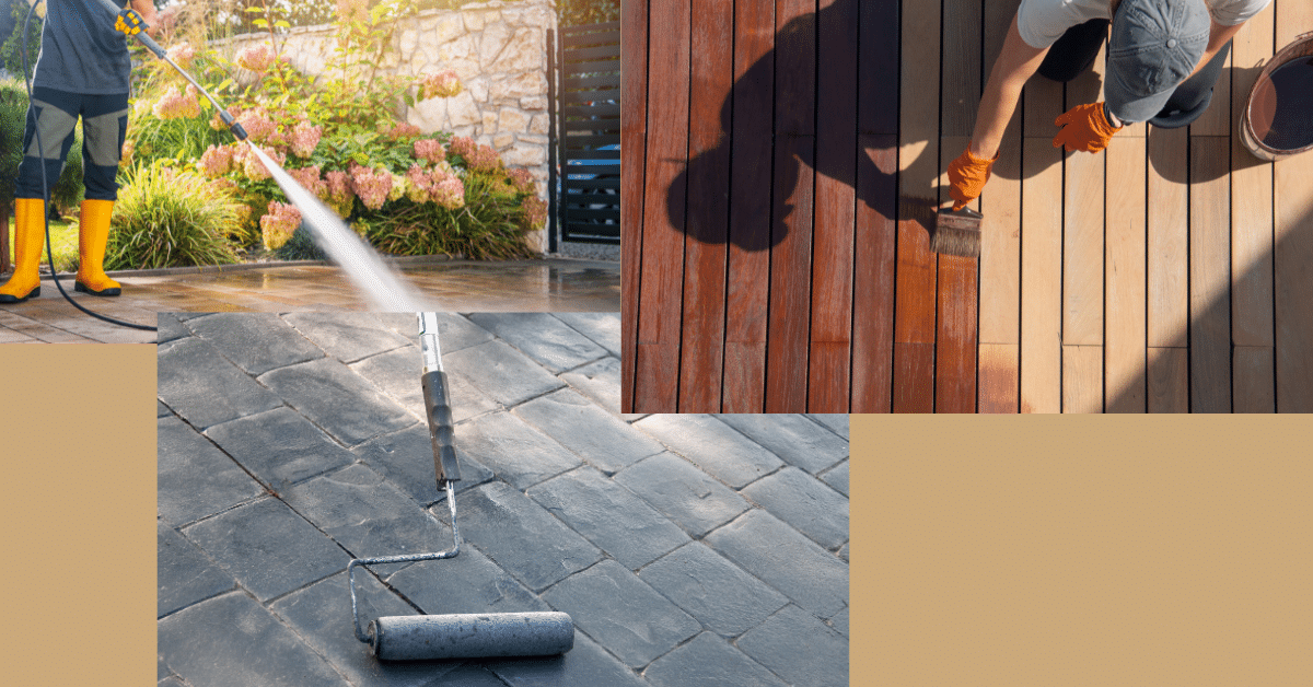 Outdoor maintenance collage showing a patio being pressure washed, a wooden deck being stained, and a concrete paver surface being sealed.