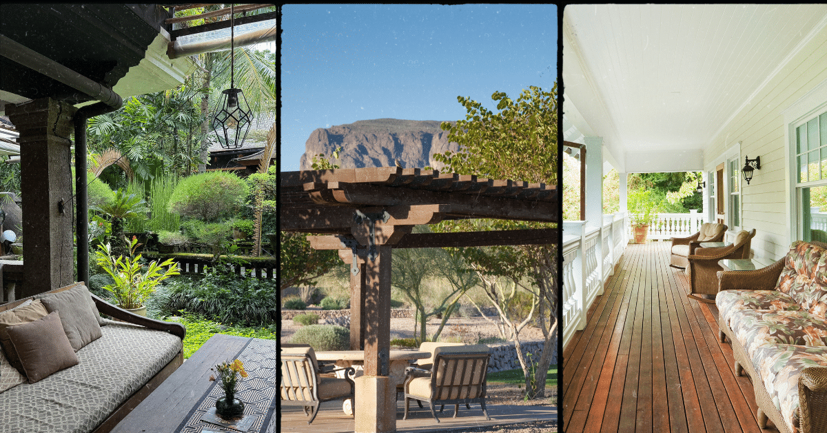 Three regional outdoor living spaces showing a tropical garden patio, a desert pergola seating area, and a traditional Southern front porch designed for different climates.