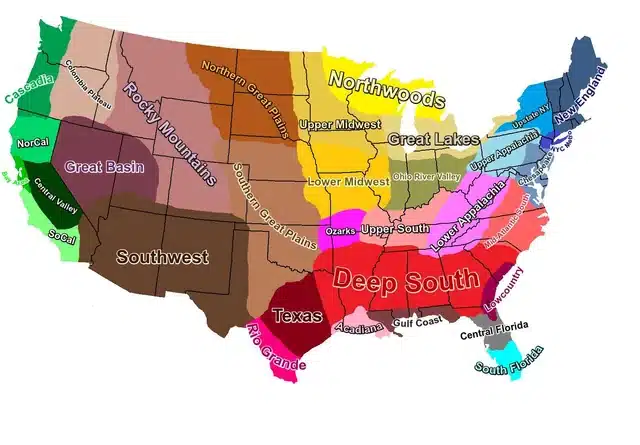 Map of the United States divided into cultural and geographic regions, including New England, Appalachia, Deep South, Great Lakes, Southwest, Rockies, and Pacific Coast areas.