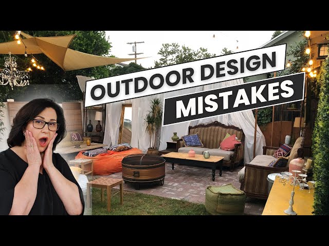Outdoor patio lounge featuring a canopy-covered seating area, string lights, and a fire pit, with a surprised woman in the foreground and the text 'Outdoor Design Mistakes' displayed prominently.