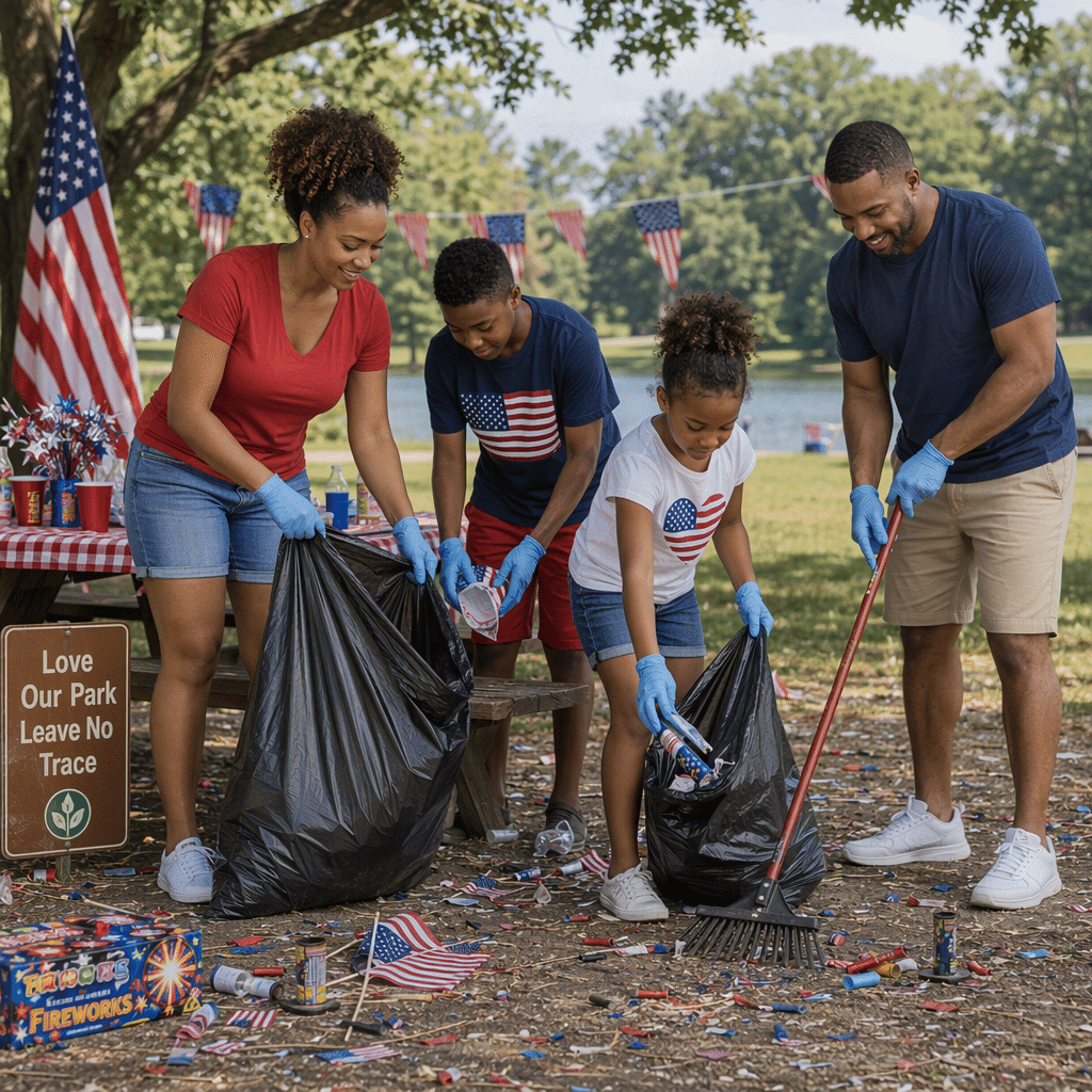 Family cleaning park after celebration