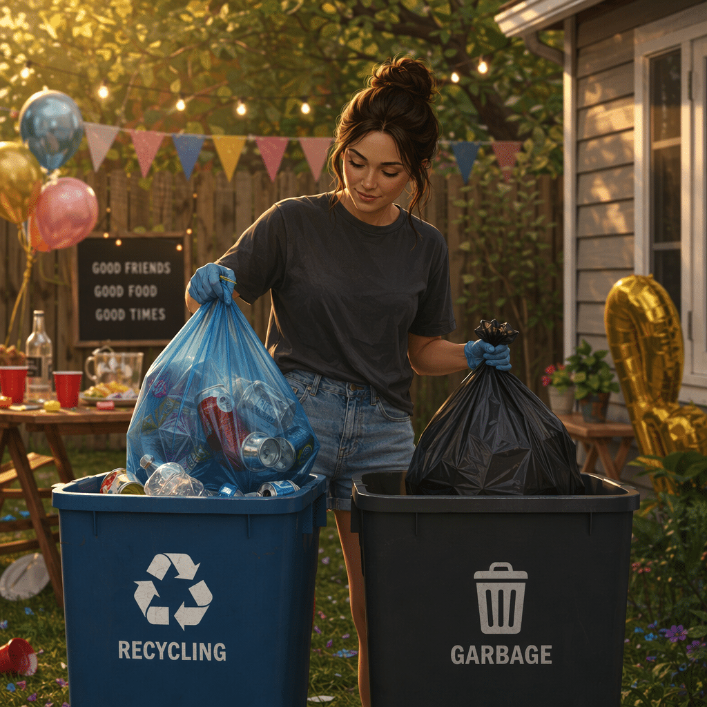 Sorting trash in yard after party