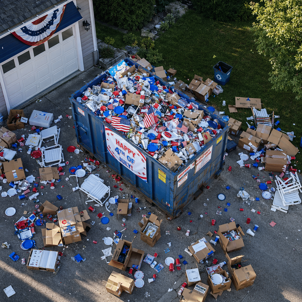 Dumpster filled with party trash