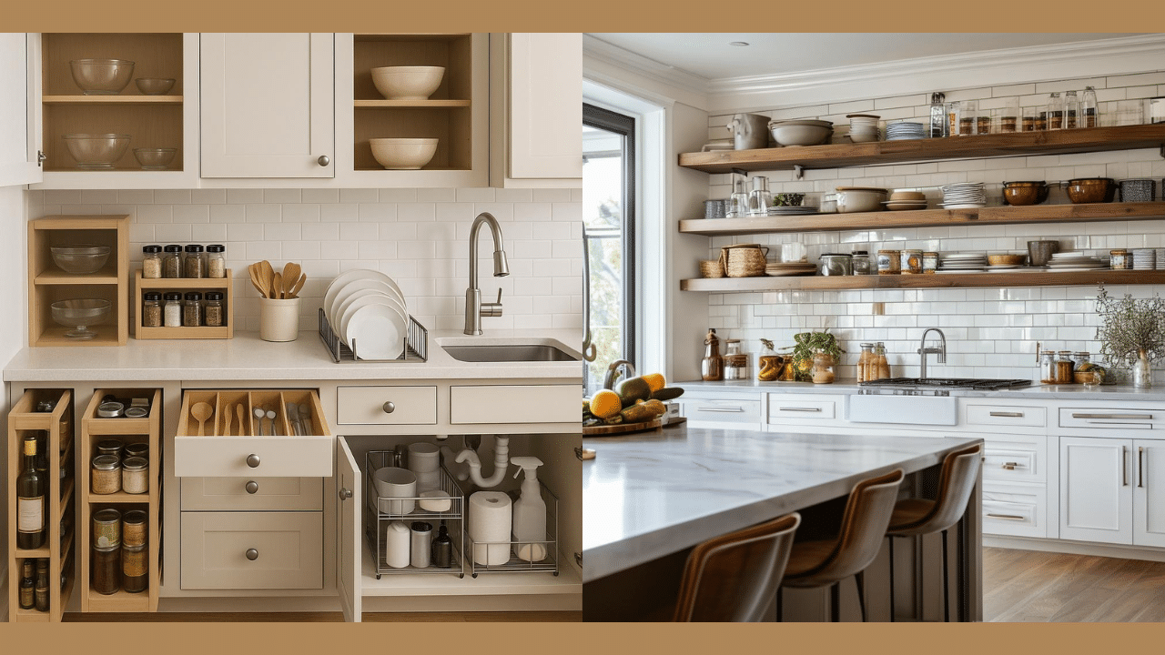 Modern white kitchen featuring open shelving, organized drawers, pull-out pantry storage, and functional cabinet organizers for efficient everyday use.