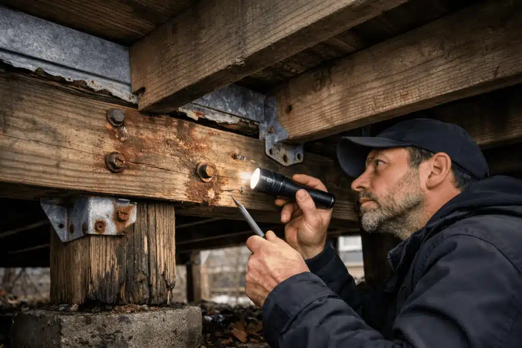 Contractor inspecting deck framing, support beams, and joists for structural damage before deck renovation.