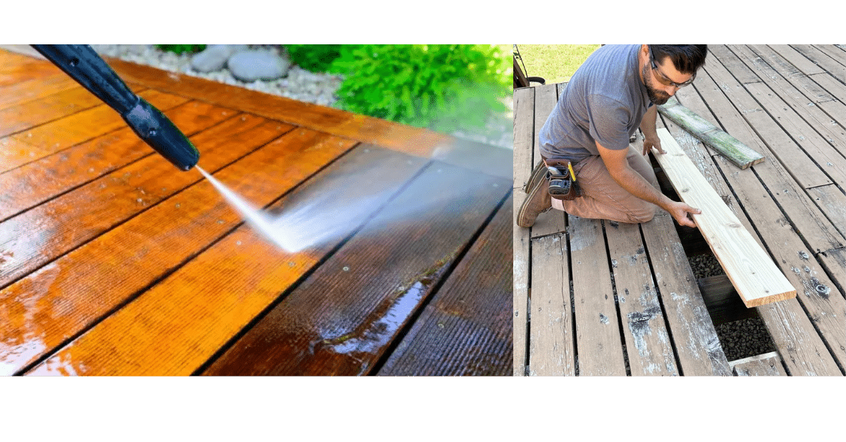 Pressure washing a wood deck and replacing damaged deck boards during a deck renovation project.