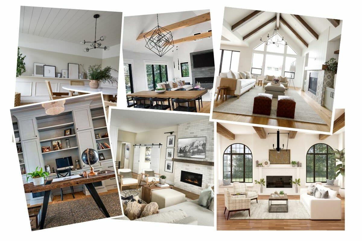 Collage of modern farmhouse-inspired interiors featuring neutral colors, exposed wood beams, oversized windows, and minimalist decor.