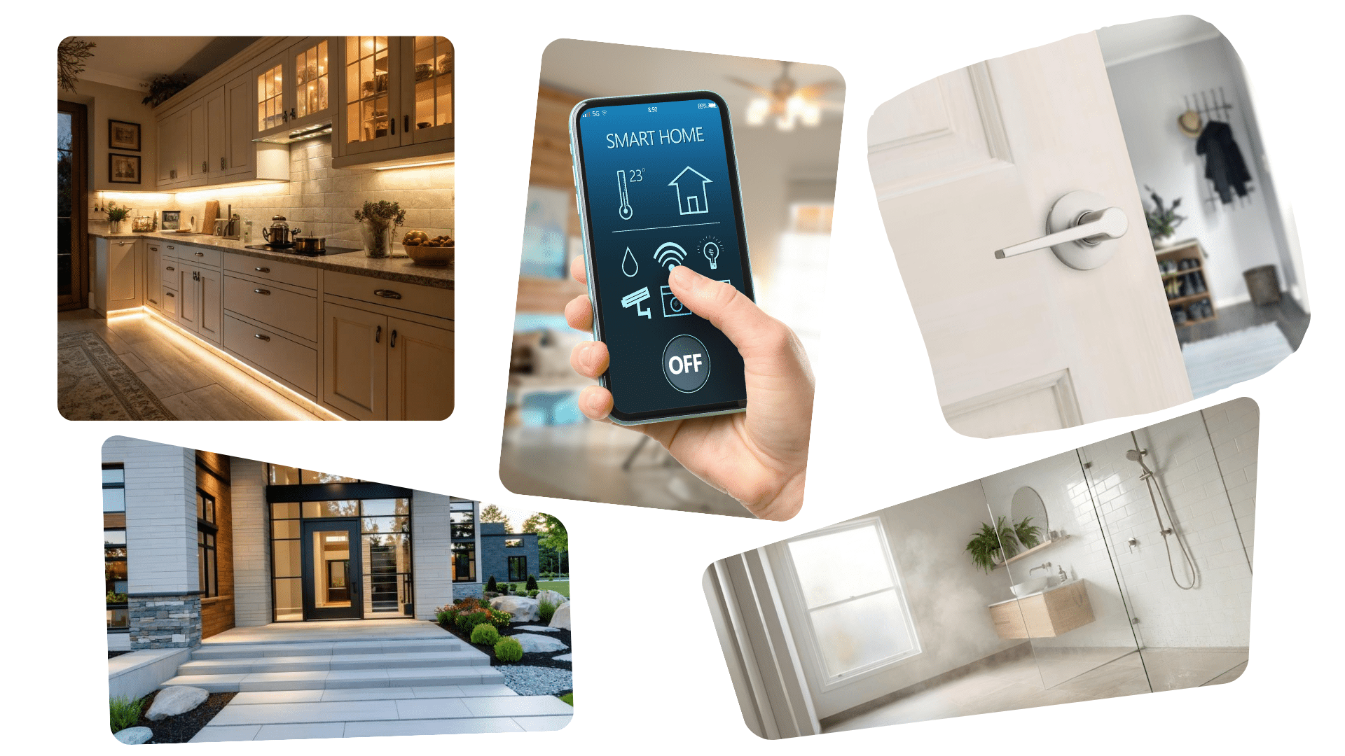 Collage showing future-proof home design features, including an LED-lit kitchen, smart home controls on a smartphone, a modern lever door handle, a contemporary home entrance, and a curbless walk-in shower, highlighting accessibility, technology, and long-term functionality.