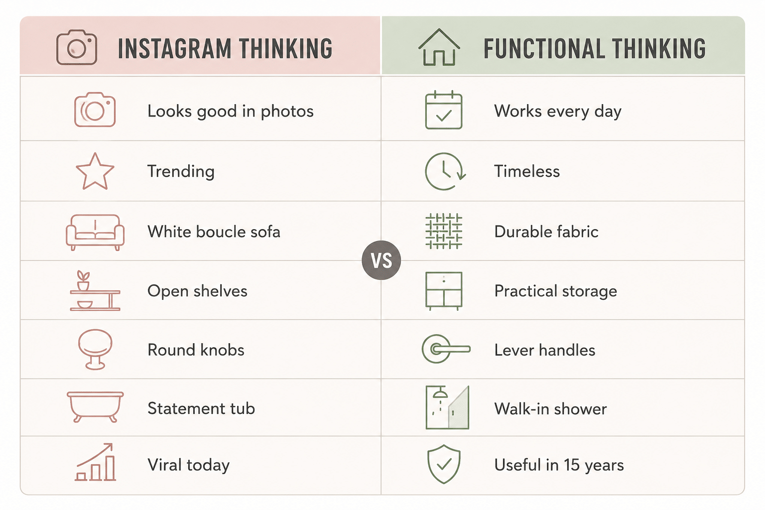Comparison infographic titled "Instagram Thinking vs Functional Thinking" showing how social media trends differ from practical home design choices. The left column highlights photo-focused trends such as looking good in photos, trending styles, white bouclé sofas, open shelves, round knobs, statement tubs, and viral designs. The right column contrasts them with functional alternatives including everyday usability, timeless design, durable fabrics, practical storage, lever handles, walk-in showers, and features that remain useful for years.