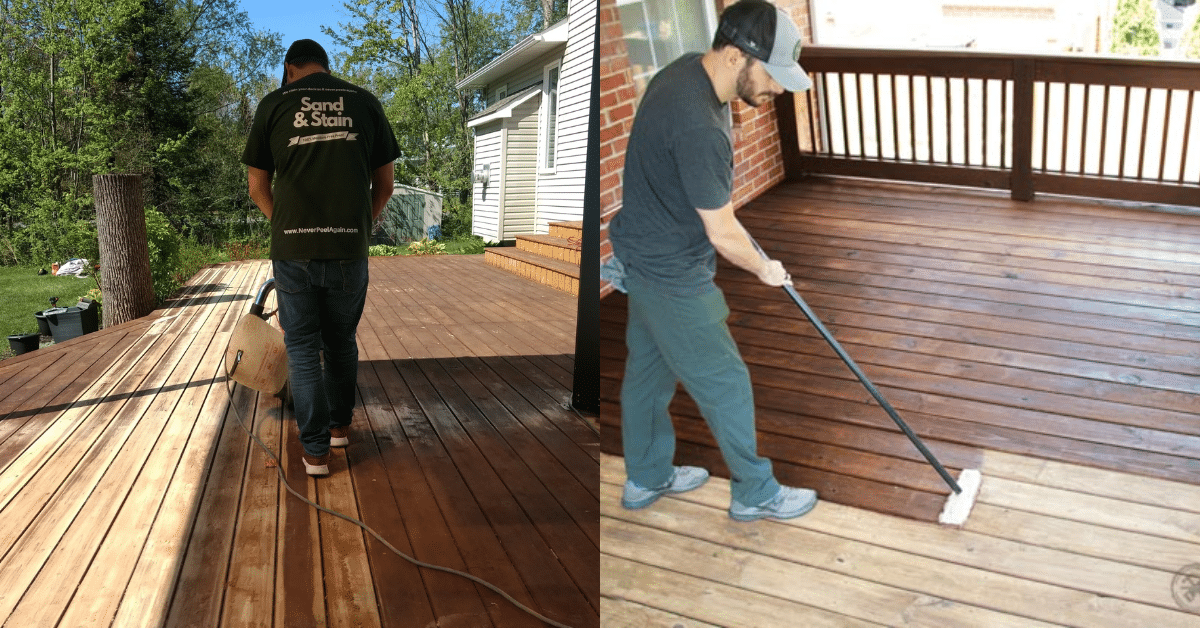 Sanding and staining a wood deck to restore its appearance during a deck renovation project.
