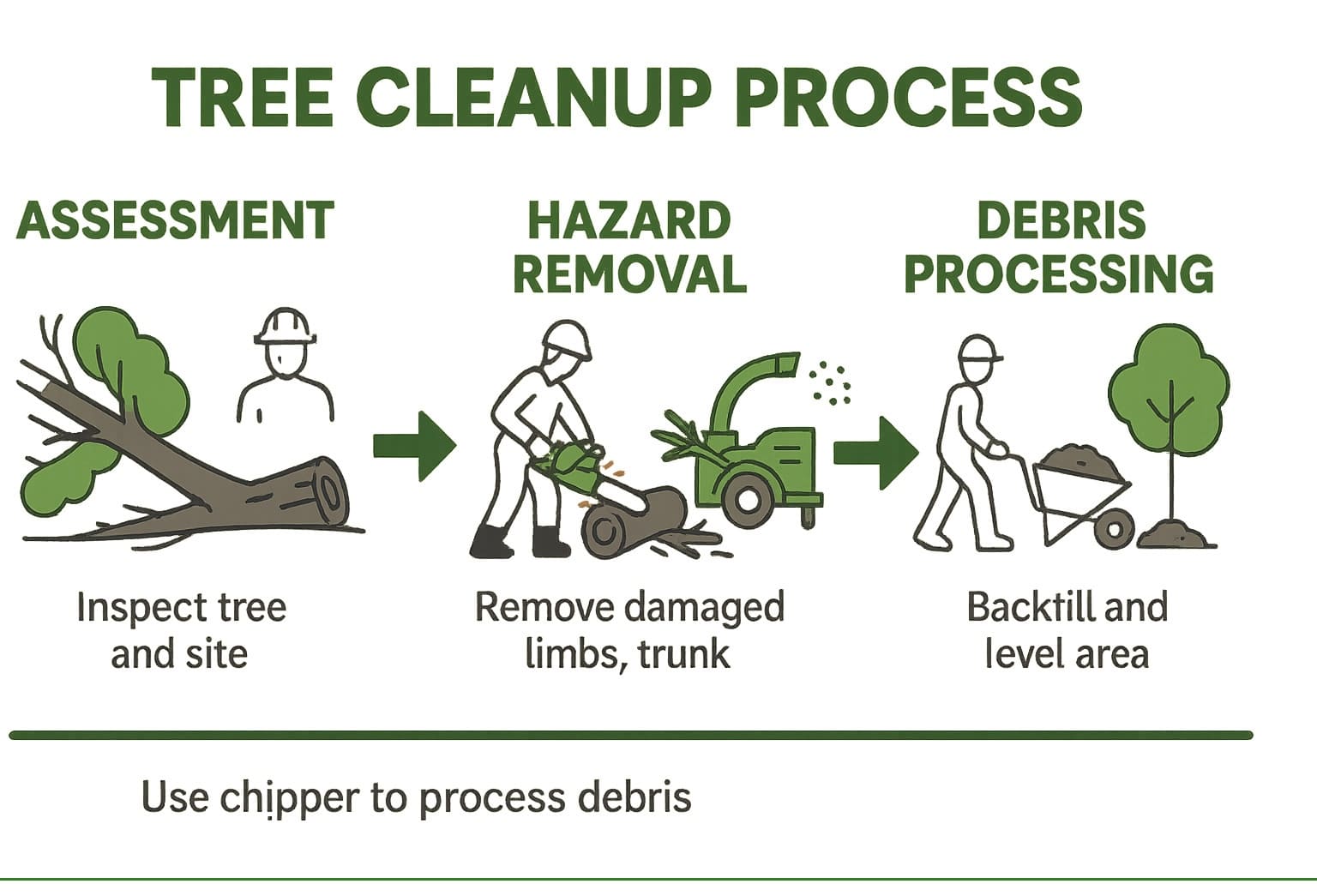 Infographic illustrating the tree cleanup process, including site assessment, safe removal of damaged branches and the trunk, debris processing, and final site cleanup.