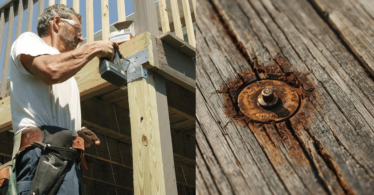 Replacing deck support hardware and inspecting rusted fasteners during a deck renovation project.