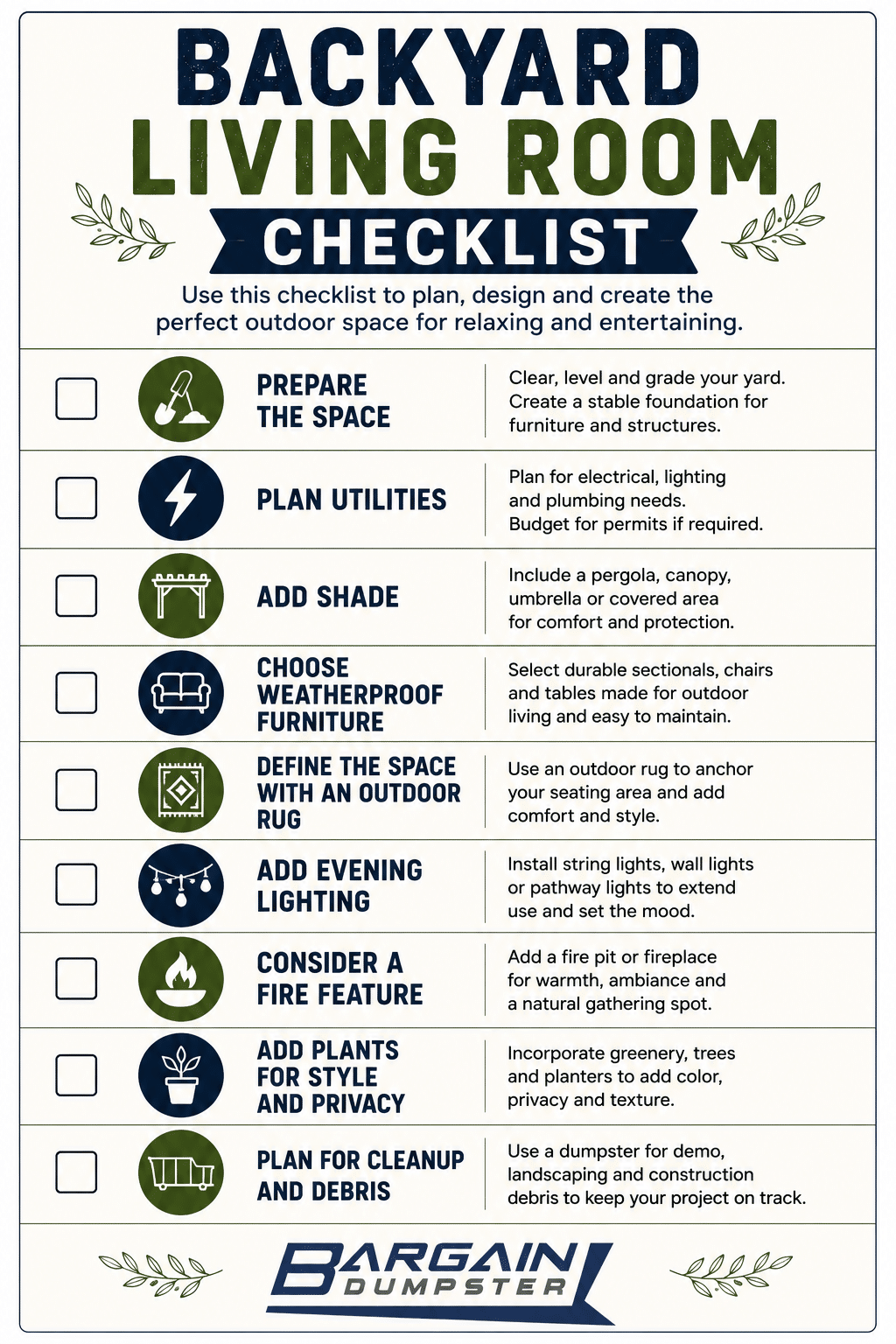 Backyard living room checklist covering site preparation, utilities, shade, outdoor furniture, lighting, fire features, plants, and project cleanup.