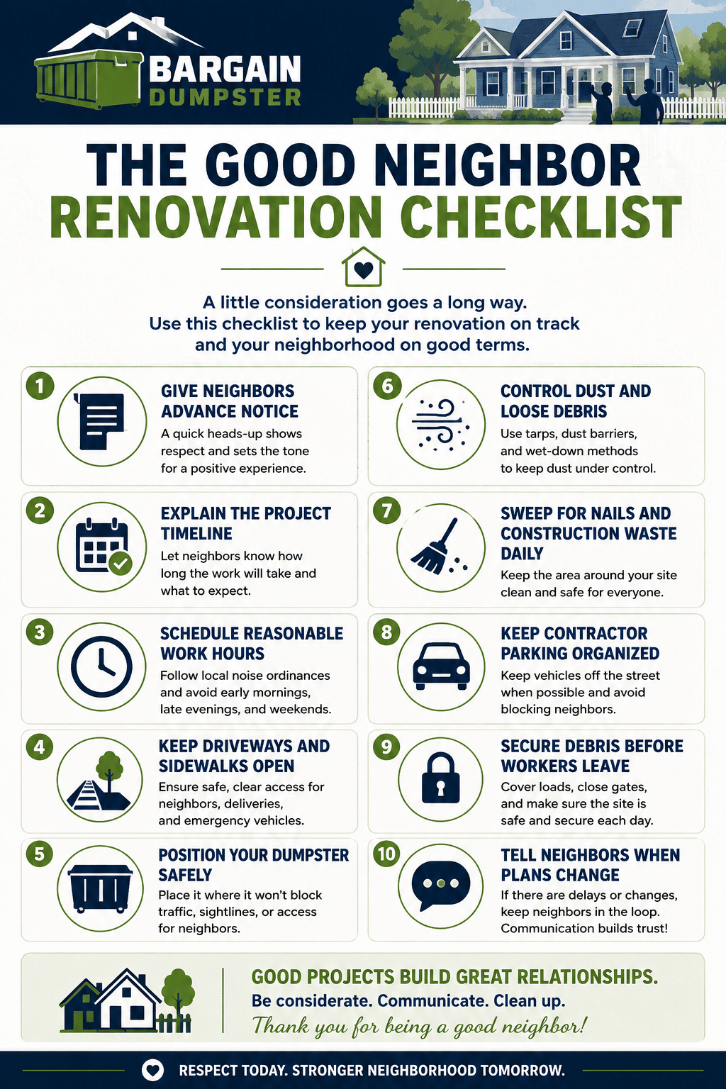 Good Neighbor Renovation Checklist infographic with 10 tips for reducing disruption, managing debris, and keeping neighbors informed during a home renovation.