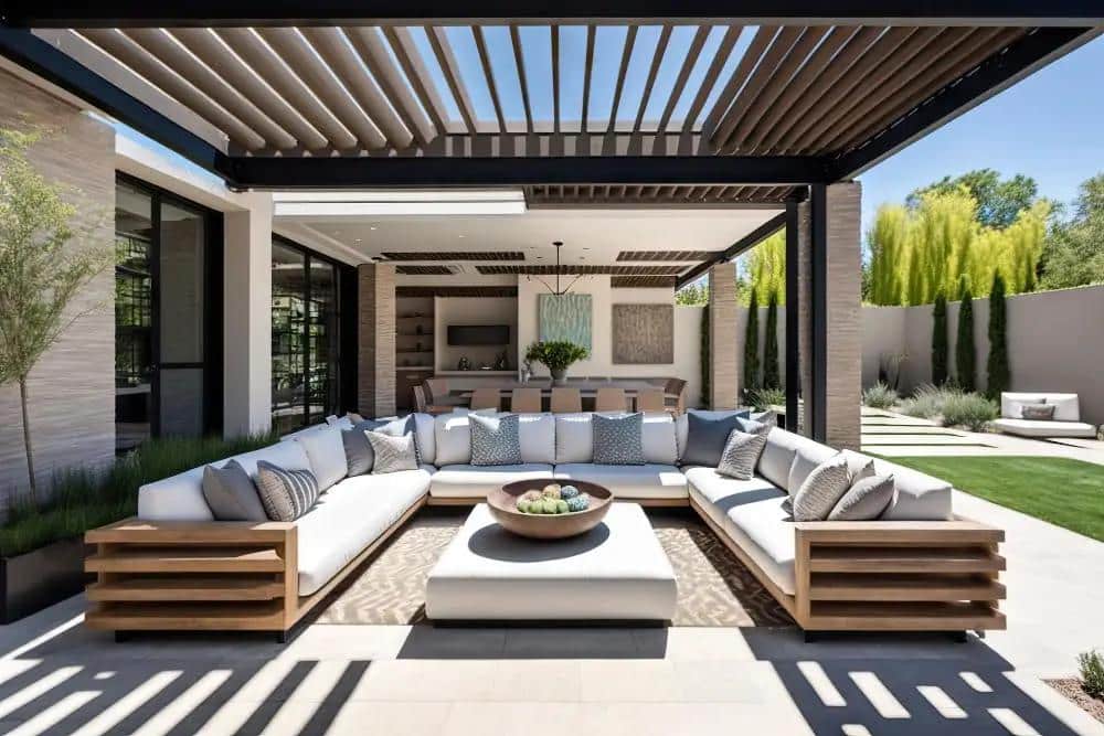 Modern outdoor living space with a louvered pergola, large sectional sofa, and landscaped backyard.