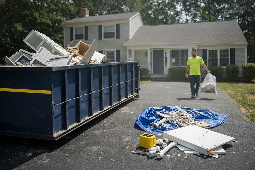 Dumpster containing renovation debris during a residential home remodel