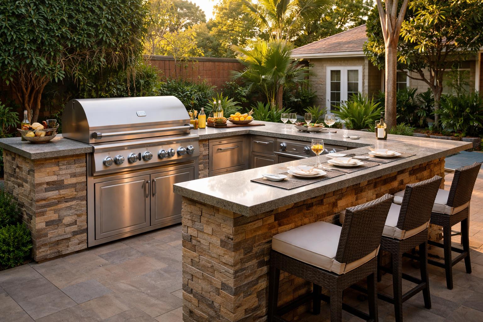 Backyard outdoor kitchen with built-in grill, stone countertops and bar seating
