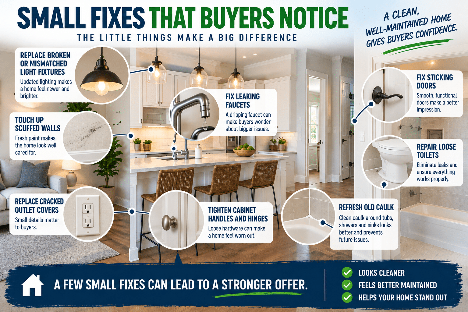 Small home repairs buyers notice before purchasing, including faucets, walls, lighting, doors and caulk