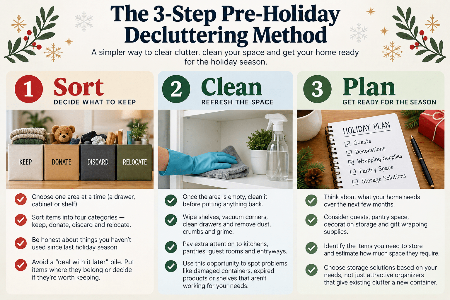 Three-step pre-holiday decluttering method infographic showing how to sort belongings, clean storage areas, and plan organized spaces before the holidays.