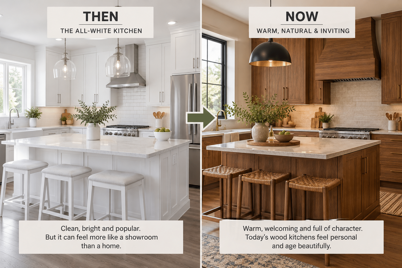 Side-by-side comparison of an all-white kitchen and a modern kitchen with warm wood cabinets, natural finishes and a welcoming design.