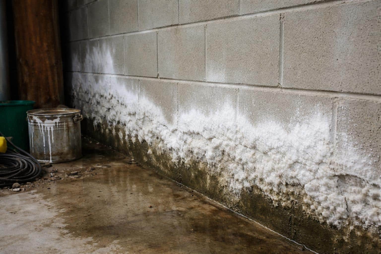Basement concrete foundation wall showing moisture stains and white