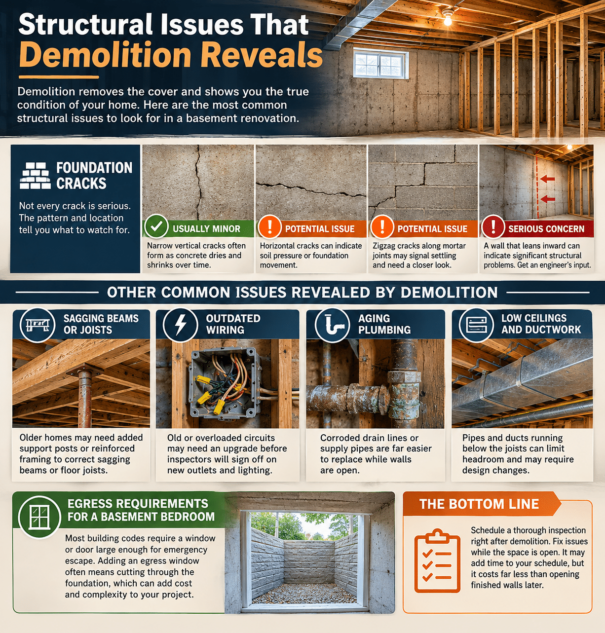 Infographic showing structural problems uncovered during basement demolition, including foundation cracks, sagging beams, outdated wiring, corroded plumbing, low ductwork, and bedroom egress requirements.
