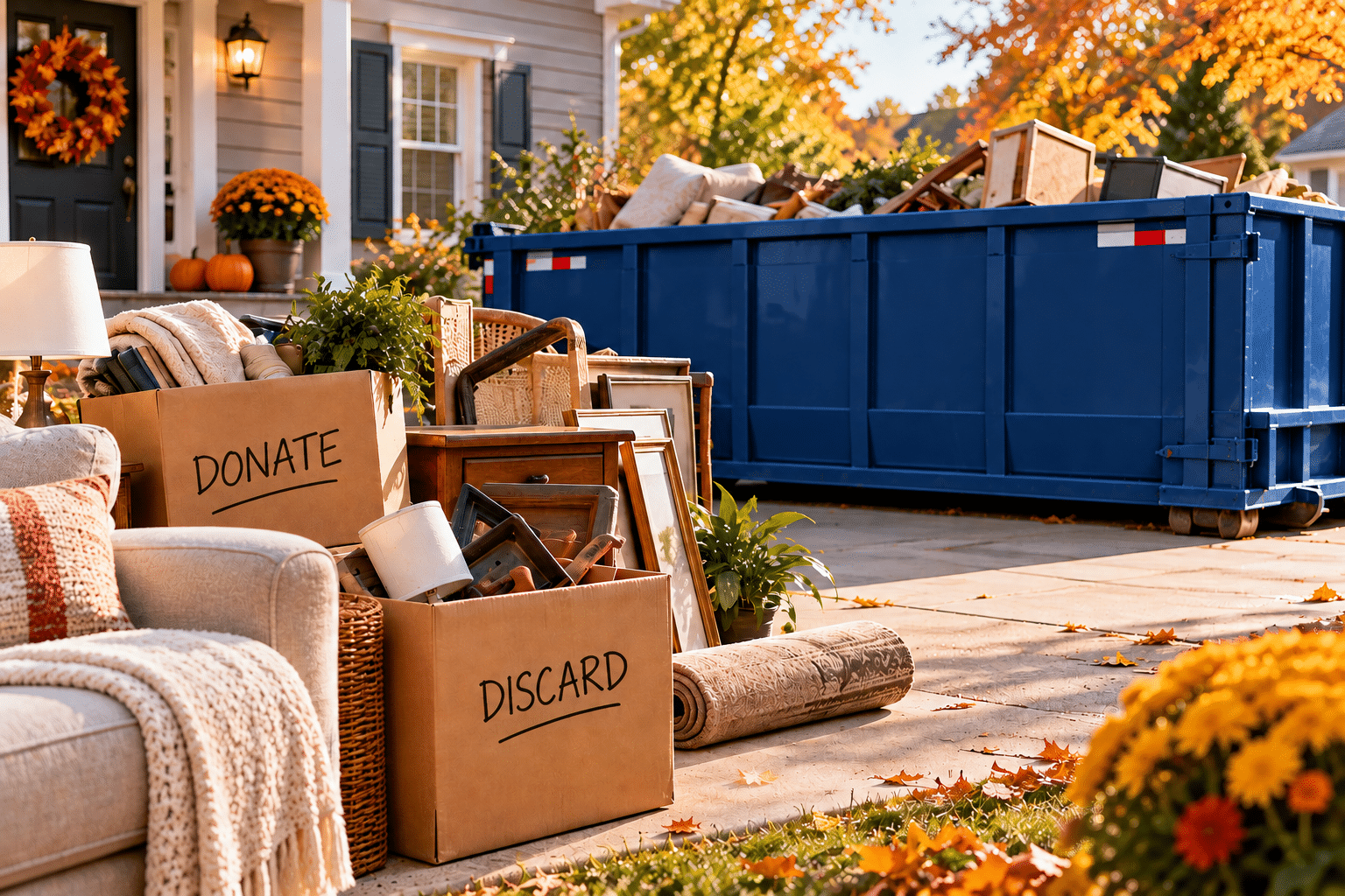 October home decluttering with organized living spaces, donation boxes, and unwanted household items ready for removal before the holiday season.