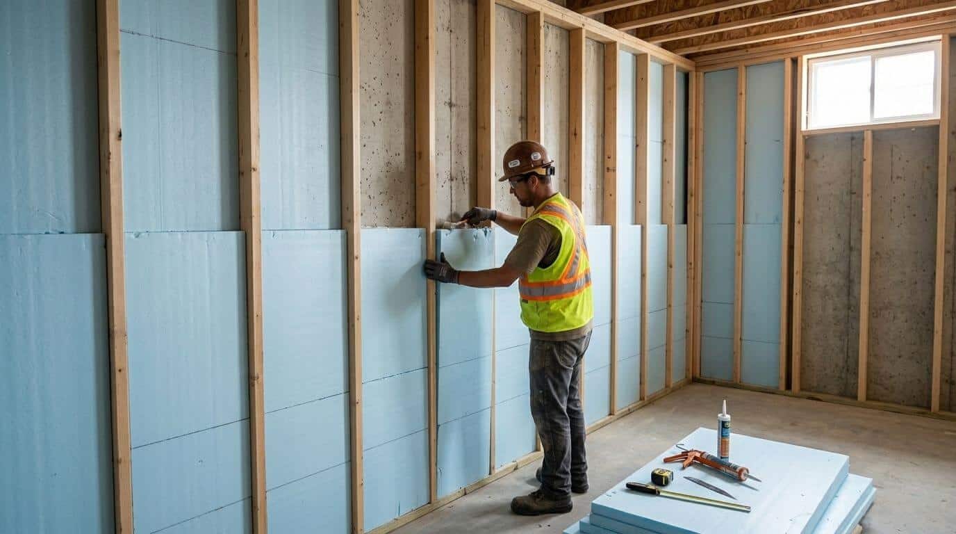 Rigid foam board insulation installed against concrete basement foundation walls with wood stud framing during a basement finishing project.