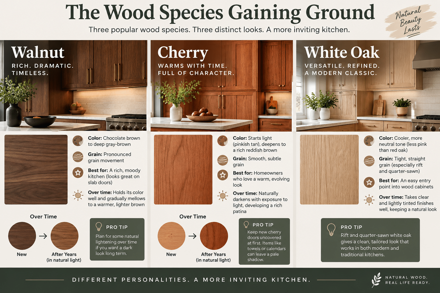 Infographic comparing walnut, cherry and white oak kitchen cabinets, showing natural wood colors, grain patterns, how each species ages and modern kitchen design tips.