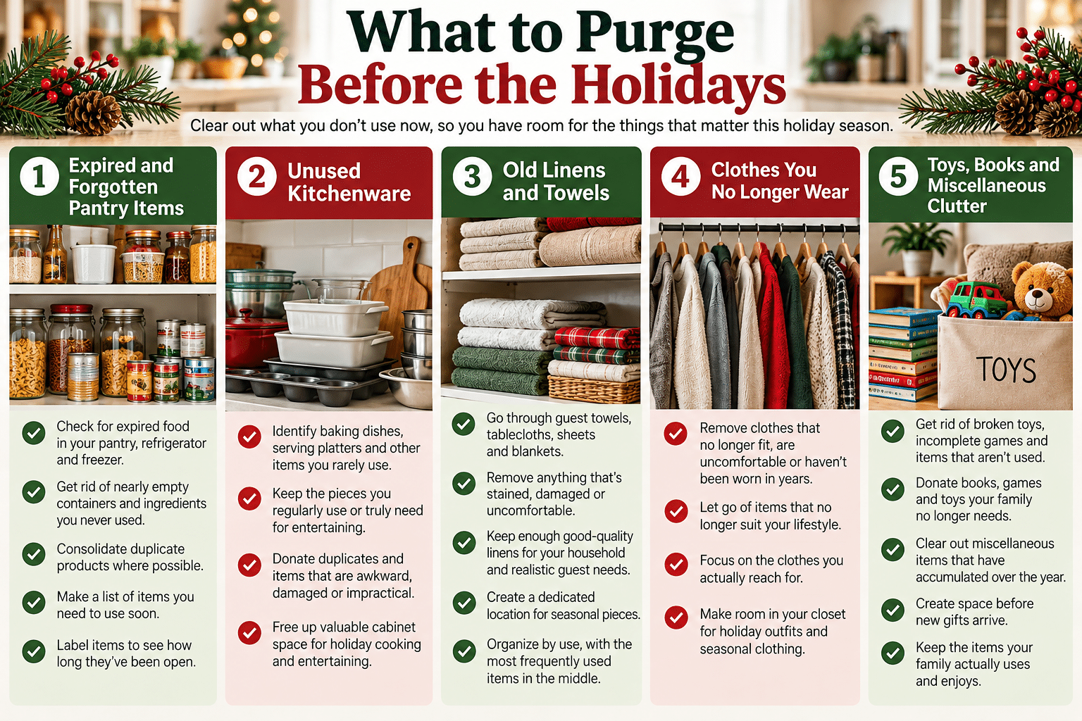 Holiday decluttering checklist infographic showing five things to purge before the holidays: expired pantry items, unused kitchenware, old linens, unworn clothes, and unwanted toys and books.